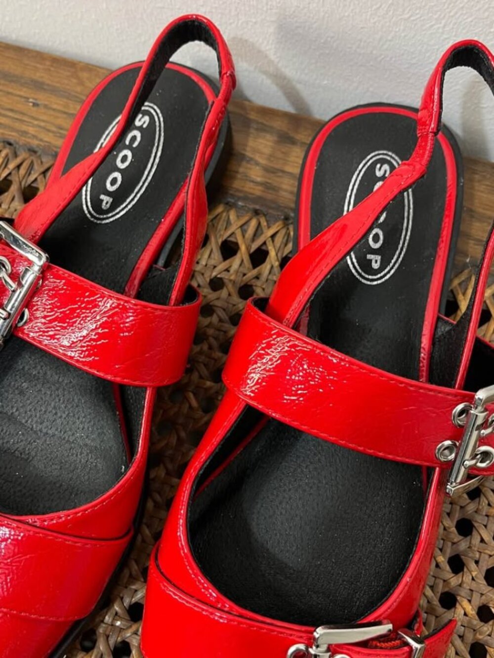 Size 7 City Chic Edgy Double Buckle Red Faux Leather Statement Slingback Flat - Picture 4 of 10